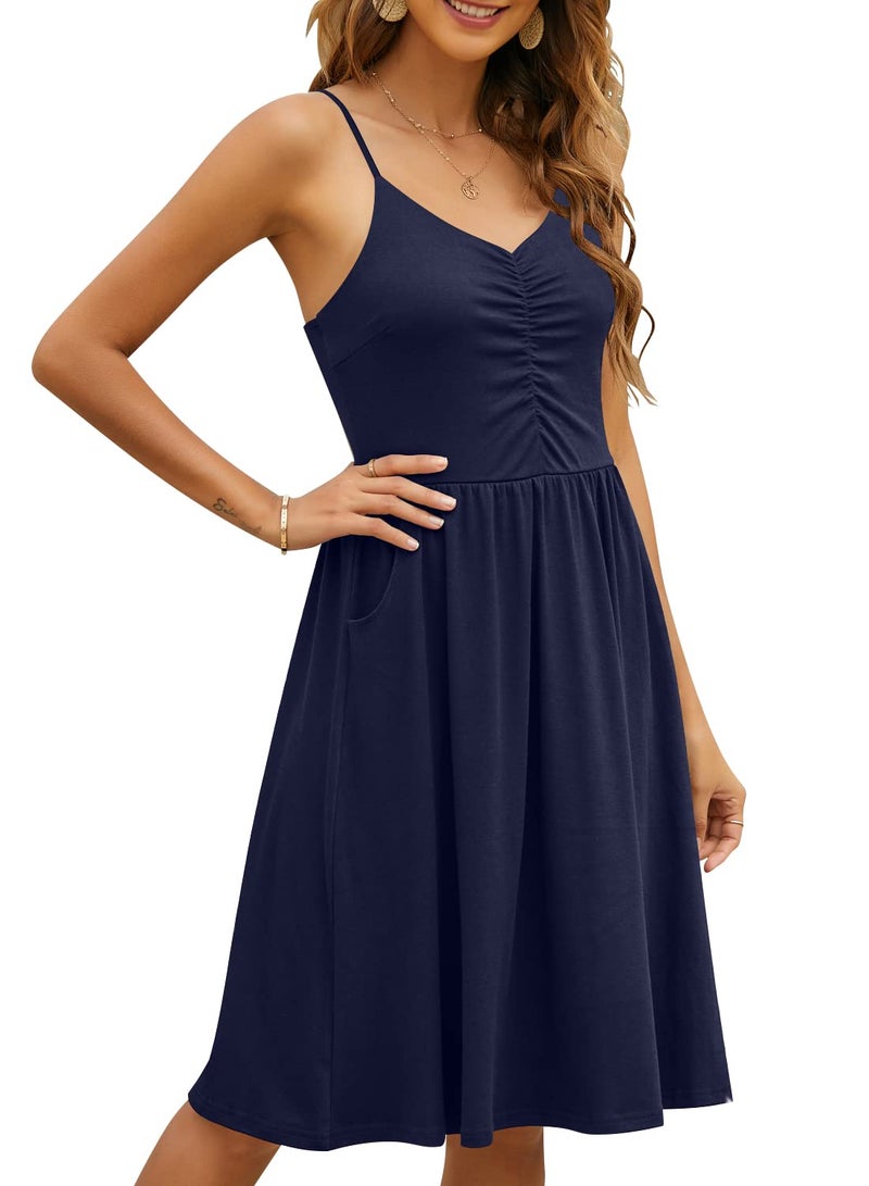 YATHON 2025 Cute Casual Dresses for Women Sleeveless Cotton Summer Beach Dress A Line Spaghetti Strap Sundresses with Pockets (XL, YT090-Navy) - Image 3